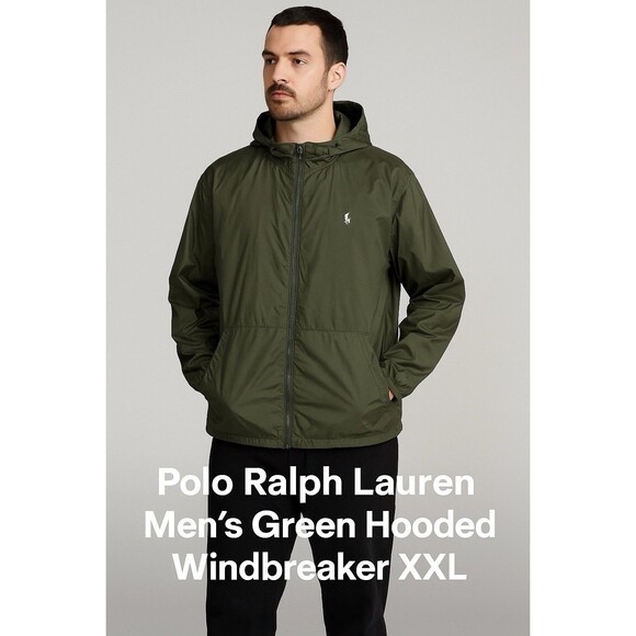 Polo Ralph Lauren Rain Jacket Windbreaker Hideaway Hood Mens XXL Olive Green - Picture 2 of 11